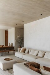 Wall Mural - Minimalist Living Room Interior Design with Beige Couch and Natural Elements