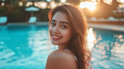 A woman with brown wavy hair smiles radiantly as she enjoys the sunset by a serene pool in Indonesia.