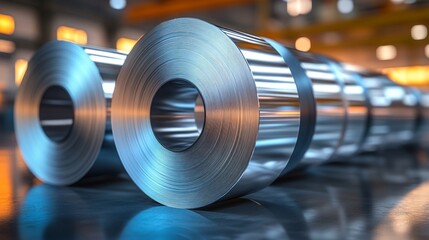 Poster - Polished steel rolls shine under warm light in an industrial setting, showcasing craftsmanship and advanced manufacturing techniques