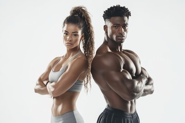 portrait of a young fit male and female couple, white background , gym couple, athletic couple, healthy, fitness