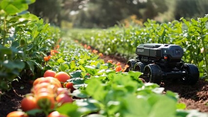Aufkleber - A robotic vehicle moves between rows of blooming flowers in a lush garden, utilizing advanced technology for agricultural tasks.