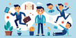 © VectorVibe - Set of character a businessman in different situations. The man is shocked, goes to work, happy and jumped