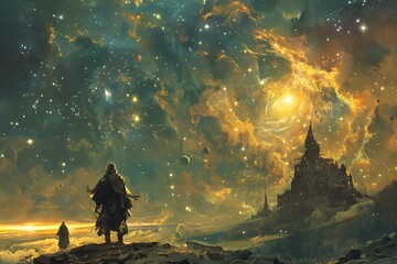 Canvas Print - Fantasy Landscape with City and Figures Under a Starry Sky.