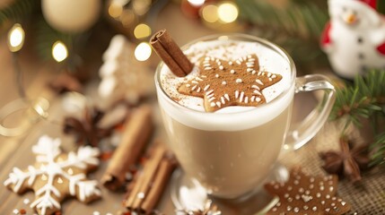 Poster - A warm cup of latte with gingerbread cookie and cinnamon