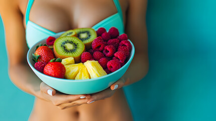 Closeup of a woman s hands holding a colorful bowl filled with fresh juicy fruits like kiwi strawberries raspberries banana and pineapple against a vibrant turquoise background  Healthy nutritious