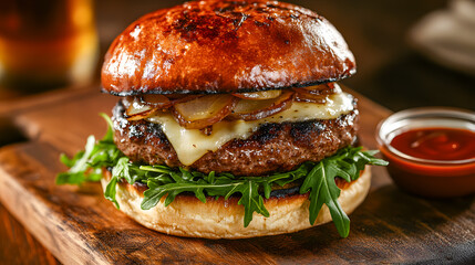 Wall Mural - Closeup of a fresh juicy gourmet cheeseburger with melted cheese lettuce tomato and other savory condiments served on a wooden board