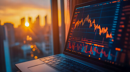 Poster - Laptop showing a detailed market chart and financial data analytics dashboard  Concept of strategic investment planning market research