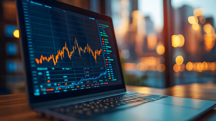Poster - Close up view of a laptop screen displaying financial data analytics and market graphs charts and dashboard interfaces for investment research and analysis