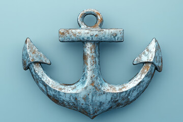 Poster - A small metal anchor, isolated on a pastel blue background, symbolizing stability on the water,