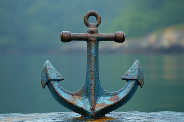 Poster - A small metal anchor, isolated on a pastel blue background, symbolizing stability on the water,