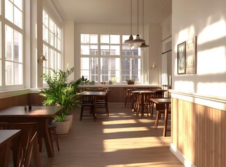 Wall Mural - Wooden Floor And White Walls Interior Design Of Empty Cafe