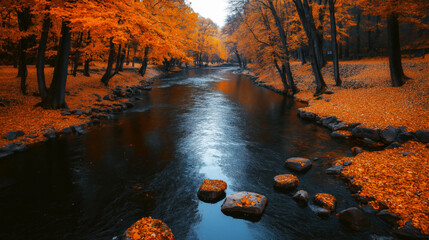 Wall Mural - A serene river flowing through a forest with trees adorned in vibrant orange autumn leaves, and rocks scattered along the riverbank.