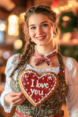 Wall Mural - Oktoberfest Beauty Showcasing Gingerbread Love Cookie in Traditional Attire. A smiling woman with light skin and brown hair styled in braids stands at Oktoberfest holding a decorative love cookie.
