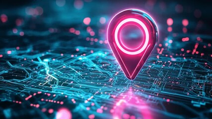Poster - A luminous navigation marker illuminates a dark, digital map filled with glowing lines and abstract connections, emphasizing location tracking.