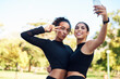 © Chanelle2000/peopleimages.com - Selfie, portrait and friends in park, workout and peace sign of women with smile, exercise and happy. Outdoor, girls and profile picture for content creation, summer and fitness influencer in woods