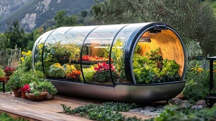 Poster - A modern greenhouse features lush greenery and vibrant plants, surrounded by a well-kept garden and wooden decking under a clear sky.