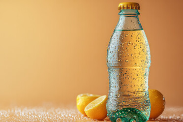 Aufkleber - A chilled bottle of sparkling water with condensation droplets, isolated on a pastel beige background,