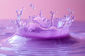 Poster - A splash of water, frozen in motion, isolated on a pastel lavender background, representing pure, clean refreshment,