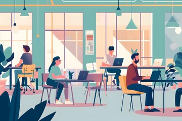 Wall Mural - Modern Office Illustration with People Working at Desks