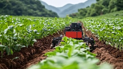 Poster - A robotic device is actively working among green crop rows in a vibrant agricultural setting with mountains in the background.