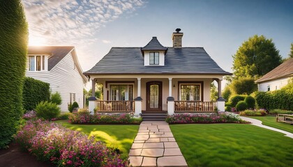 A traditional cottage style house with a charming front porch with beautiful flowers and green grass