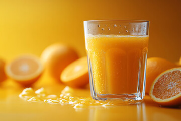 Aufkleber - A freshly squeezed glass of orange juice, isolated on a pastel yellow background, symbolizing the start of a fresh day,
