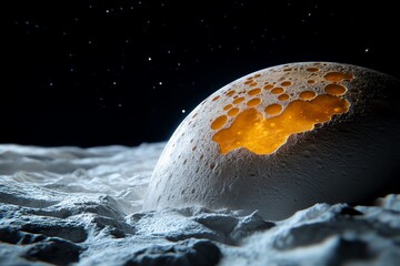 Poster - A glowing, cratered orb rests on a desolate, moon-like surface. Tiny particles of dust float in the air.