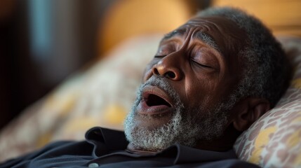 Poster - An elderly man rests peacefully, his deep breaths filling the serene bedroom as afternoon sunlight casts a warm glow around him