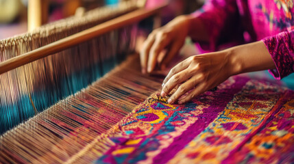 Wall Mural - Close-up of hands weaving intricate patterns on a traditional loom, showing precision and skill