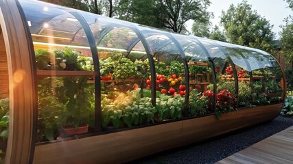 Poster - A contemporary greenhouse showcases various healthy plants, including tomatoes and leafy greens, surrounded by greenery in a peaceful outdoor environment.
