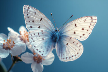 Poster - A single, delicate butterfly, isolated on a pastel blue background, symbolizing transformation and grace,