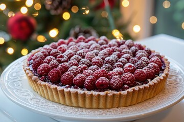 Sticker - Delicious raspberry tart with powdered sugar on white plate standing on table with christmas tree in background