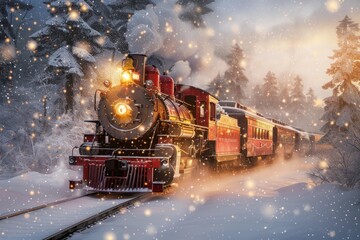 Red steam train traveling through a snowy forest, bringing the magic of christmas