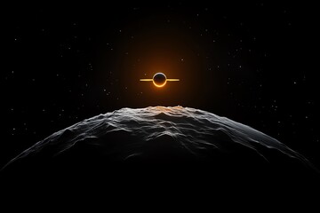 Poster - A glowing orange ringed planet rises above a dark, cratered surface, its light illuminating the starry sky.