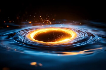 Fototapete - A glowing ring of light forms a vortex in a dark blue liquid, surrounded by ripples and particles.