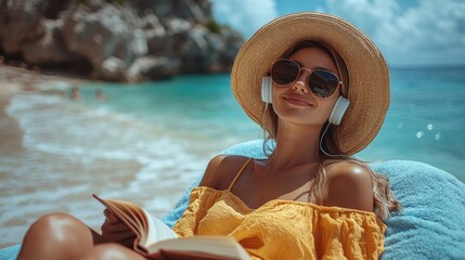 woman reading book and listening to music via headphones lying on towel at beach on summer vacation concept