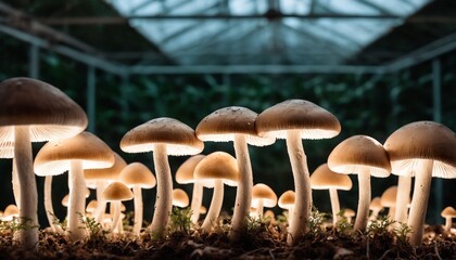 Wall Mural - Growing Mushrooms at Home. Cultivated grey oyster mushrooms on a farm. Oyster mushrooms growing out of the lump bag. Mushroom growing plantation.