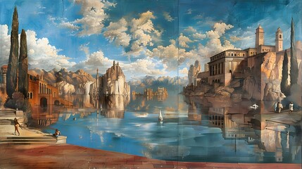 Wall Mural - Surreal Landscape with Water and Buildings.