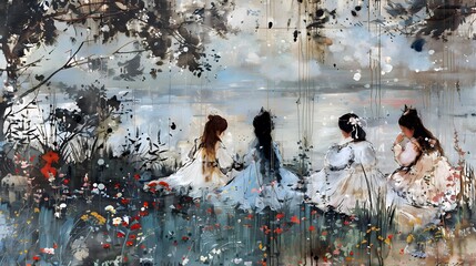 Wall Mural - Four Women Sitting by a Lake.