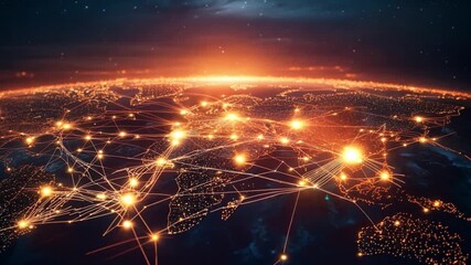 Poster - A mesmerizing view of Earth showcasing interconnected networks of light at sunrise, highlighting global connectivity.