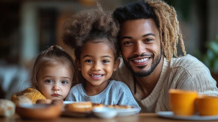 little children having breakfast with young interracial family