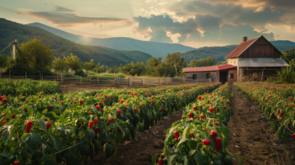 Wall Mural - Traditional Bulgarian Village with Red Pepper Fields
