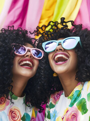 Cheerful photo of two young women wearing pastel sunglasses and sporting curly, retro hairstyles, laughing heartily. 