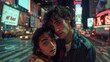 © Katarina - A young couple tenderly embracing in a bustling cityscape, surrounded by vibrant lights and motion, capturing an intimate moment amidst urban chaos and vitality.