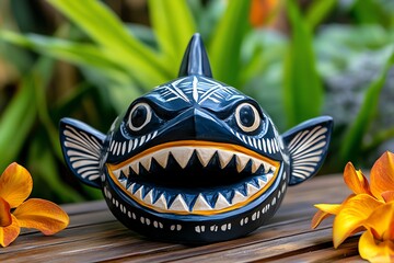 Aufkleber - A hand-carved wooden shark sculpture with intricate details, painted in vibrant blue, white, and yellow.