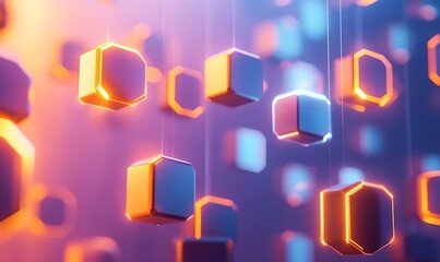 Poster - Minimalistic 3D Technology Background with Floating Cubes and Hexagons Featuring LED Lights
