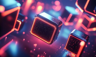 Poster - Minimalistic 3D Technology Background with Floating Cubes and Hexagons Featuring LED Lights