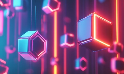 Poster - Minimalistic 3D Technology Background with Floating Cubes and Hexagons Featuring LED Lights