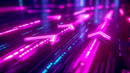 Poster - Mesmerizing neon arrows in a futuristic digital art abstract background with vibrant teal purple and pink hues creating a dynamic and captivating visual effect  The fluid