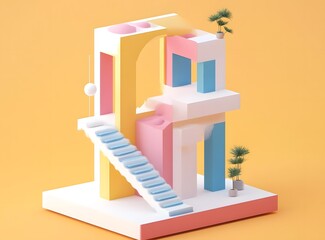 Wall Mural - Abstract 3D Architecture with Stairway and Plants